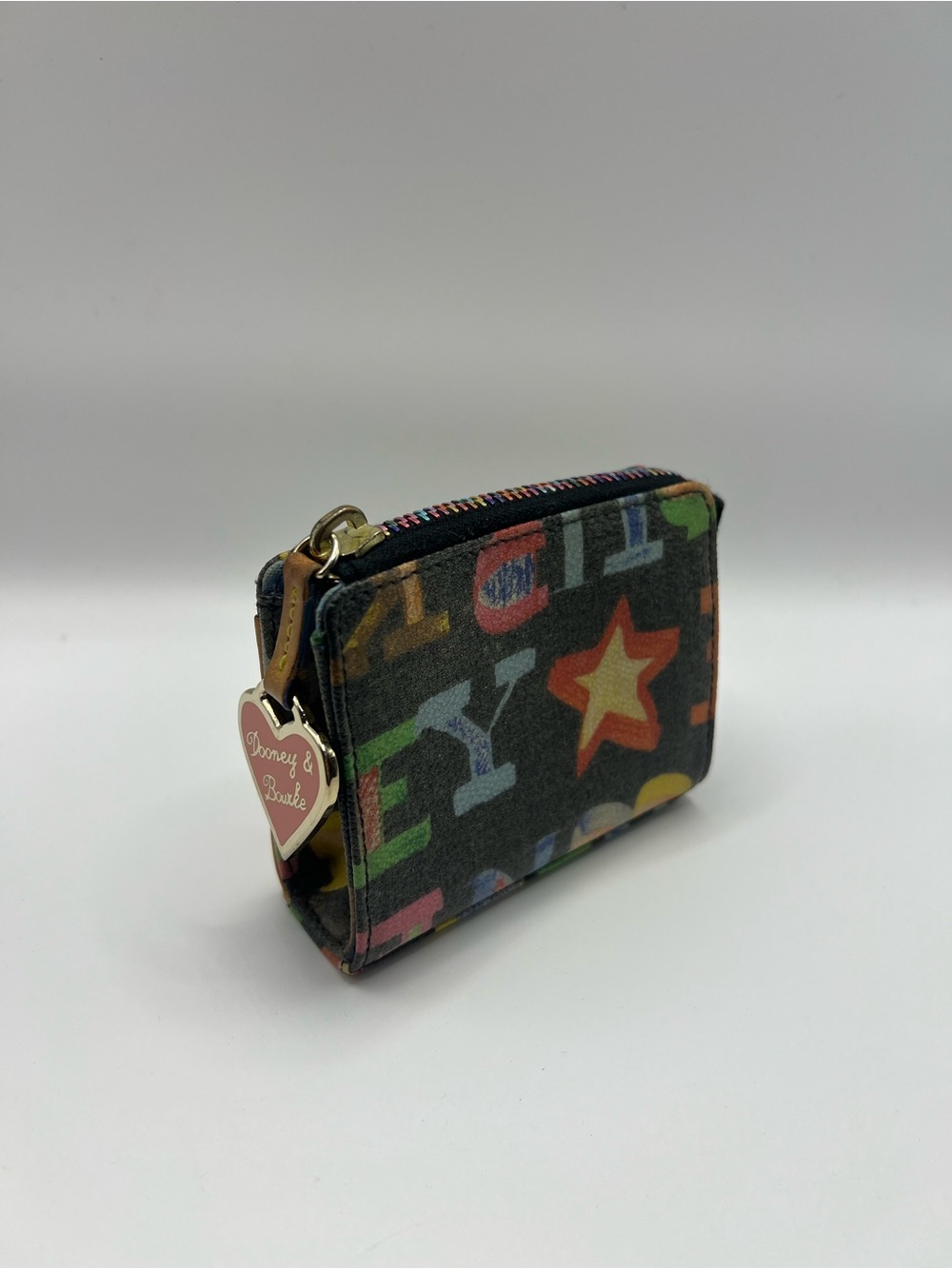 Dooney & Bourke Black Multicolor Star & Letter Zip Mini Wallet